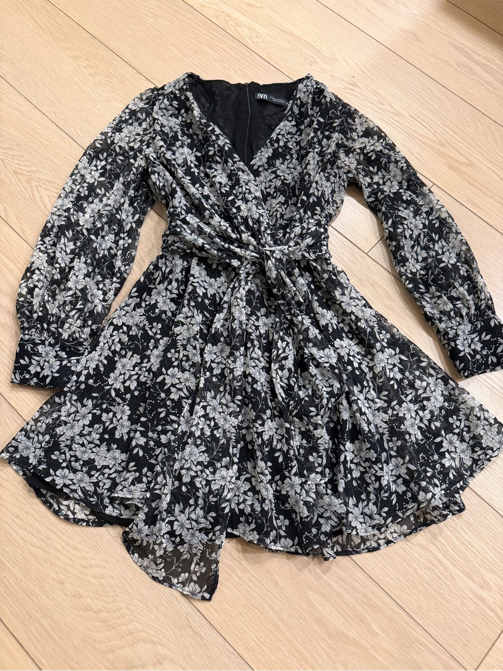 Zara Black and White Floral Wrap Mini Dress